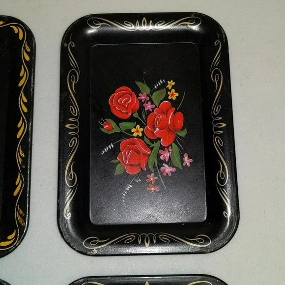 Floral  Pattern Metal Tip Trinket Tray Set of 4 - Picture 3 of 13